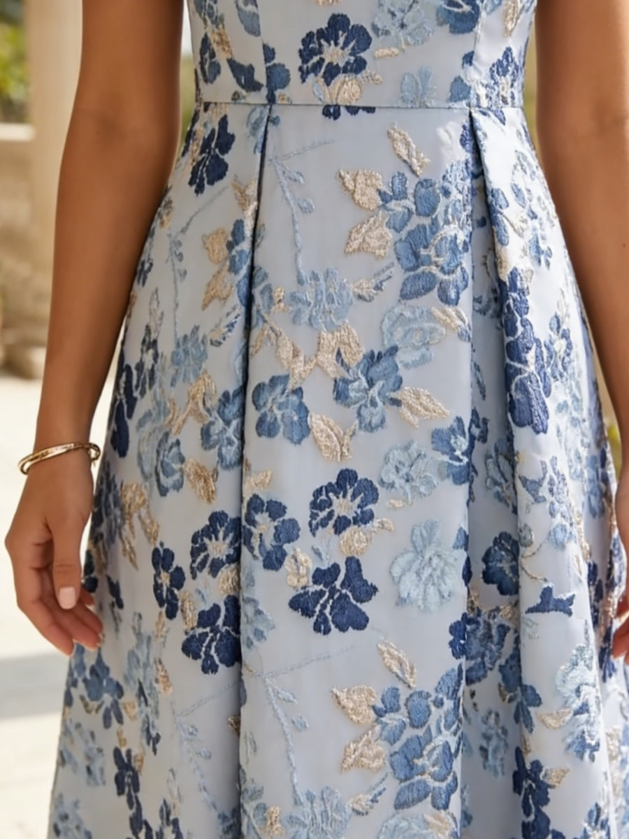 Elegant Princess Scoop Jacquard Cocktail Dresses Tea-Length Floral Sleeveless