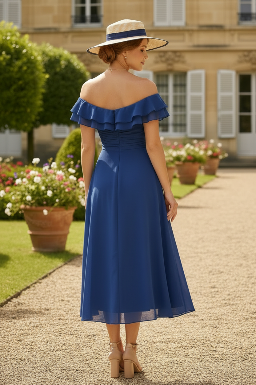 A-Line/Princess Off-the-Shoulder Chiffon Mother of the Bride Dresses Sleeveless Tea-Length Ruffles