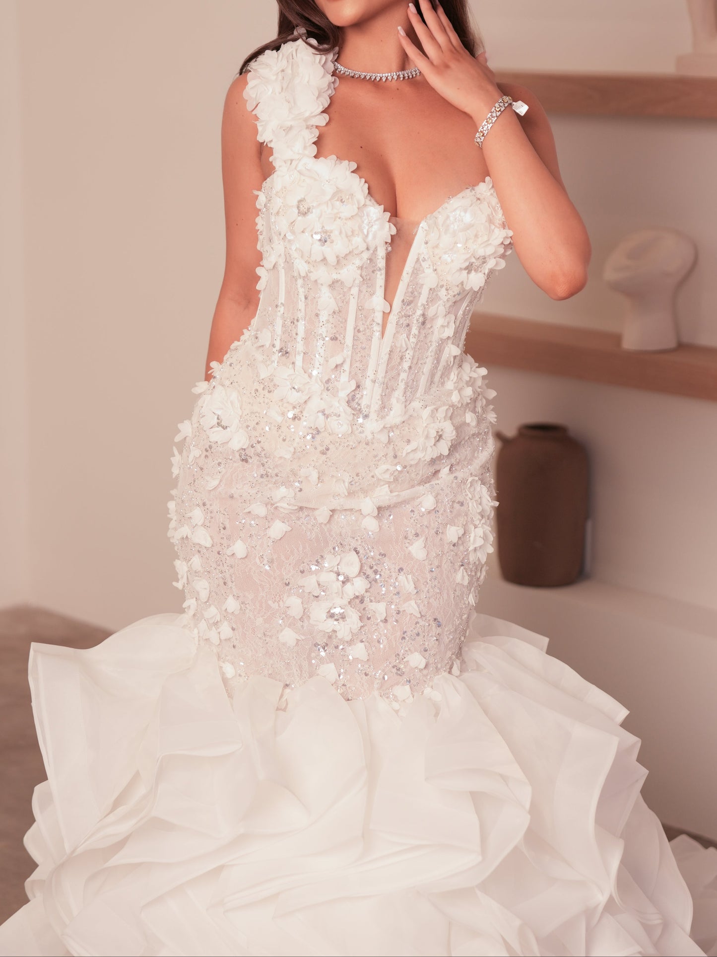 Luxury 3D Floral Sequin Bridal Gown: Strapless Mermaid Dress with Dramatic Train