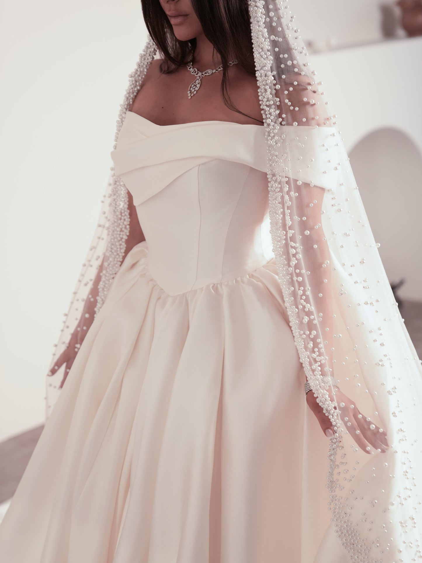 Classic Princess Wedding Dress: Satin Off-Shoulder Bridal Gown