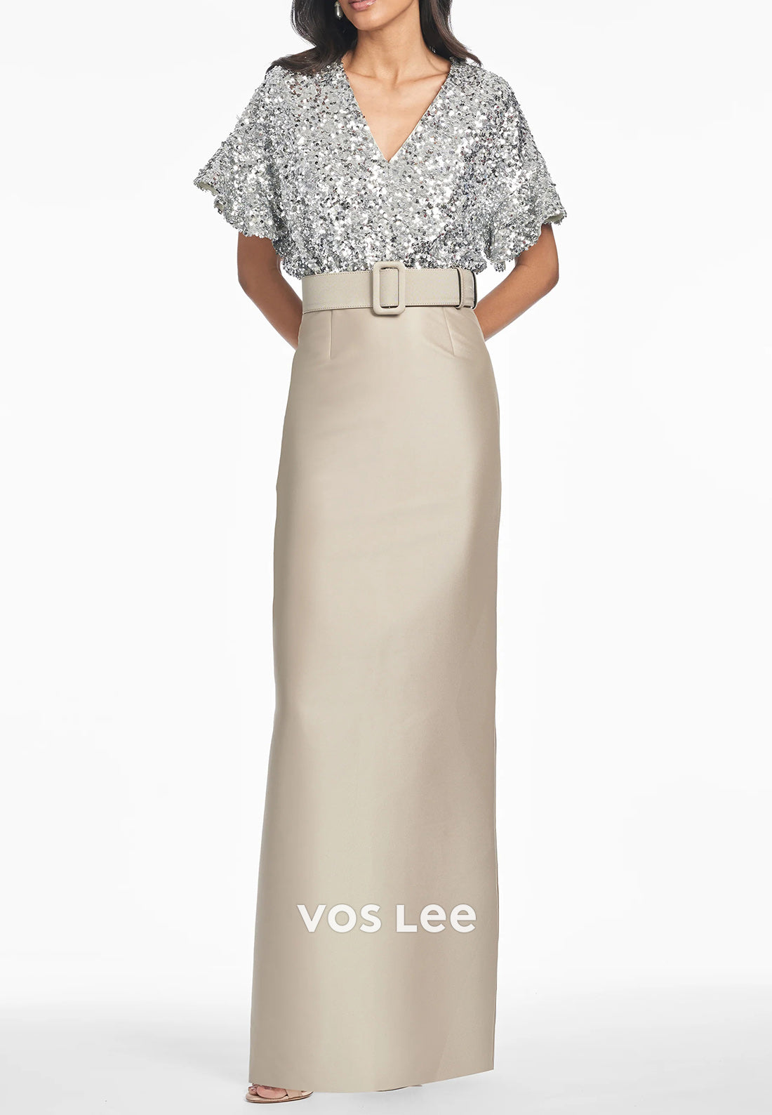 Sparkle & Shine Bell Sleeves V Neck Floor-Length Sheath Wedding Guest Dresses