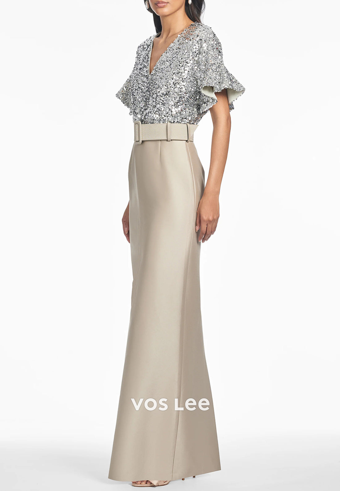 Sparkle & Shine Bell Sleeves V Neck Floor-Length Sheath Wedding Guest Dresses
