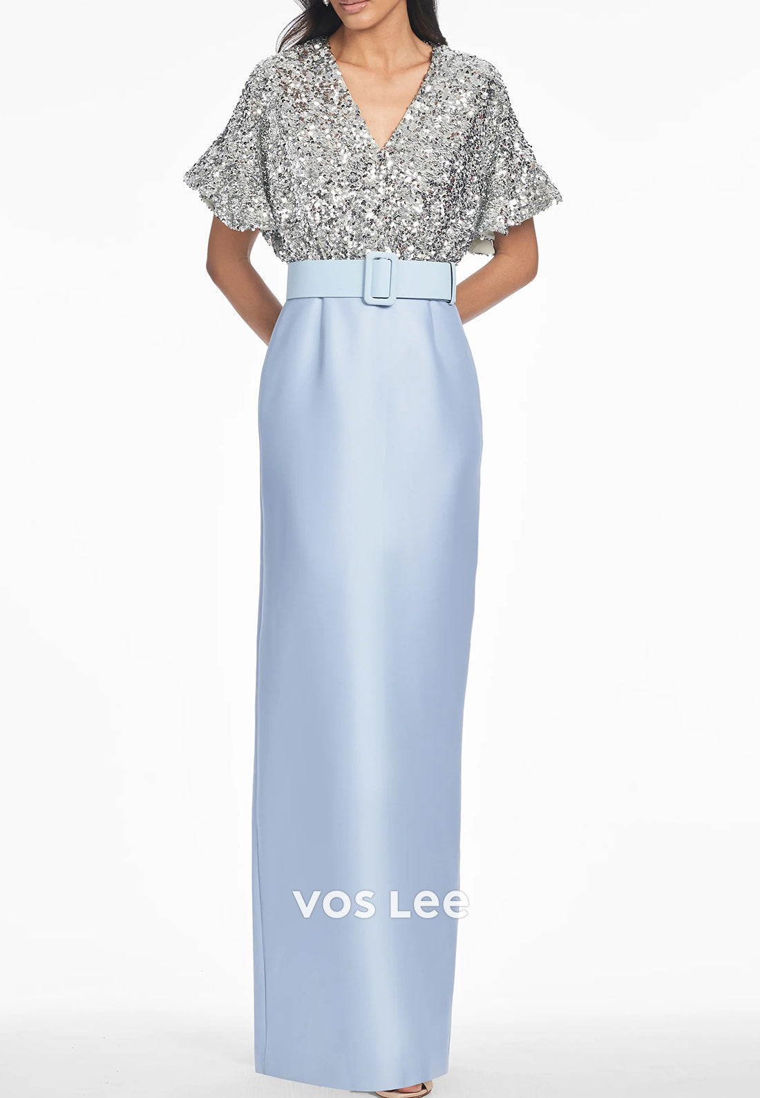 Sparkle & Shine Bell Sleeves V Neck Floor-Length Sheath Wedding Guest Dresses