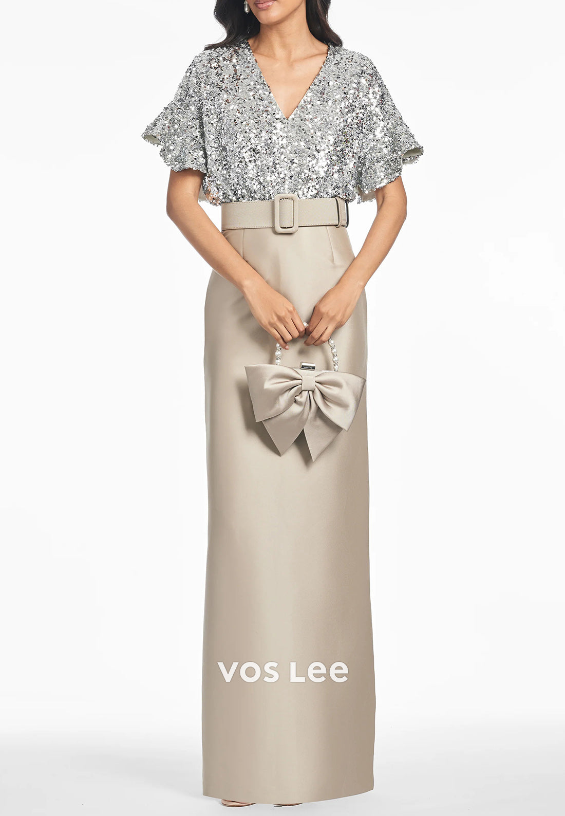 Sparkle & Shine Bell Sleeves V Neck Floor-Length Sheath Wedding Guest Dresses
