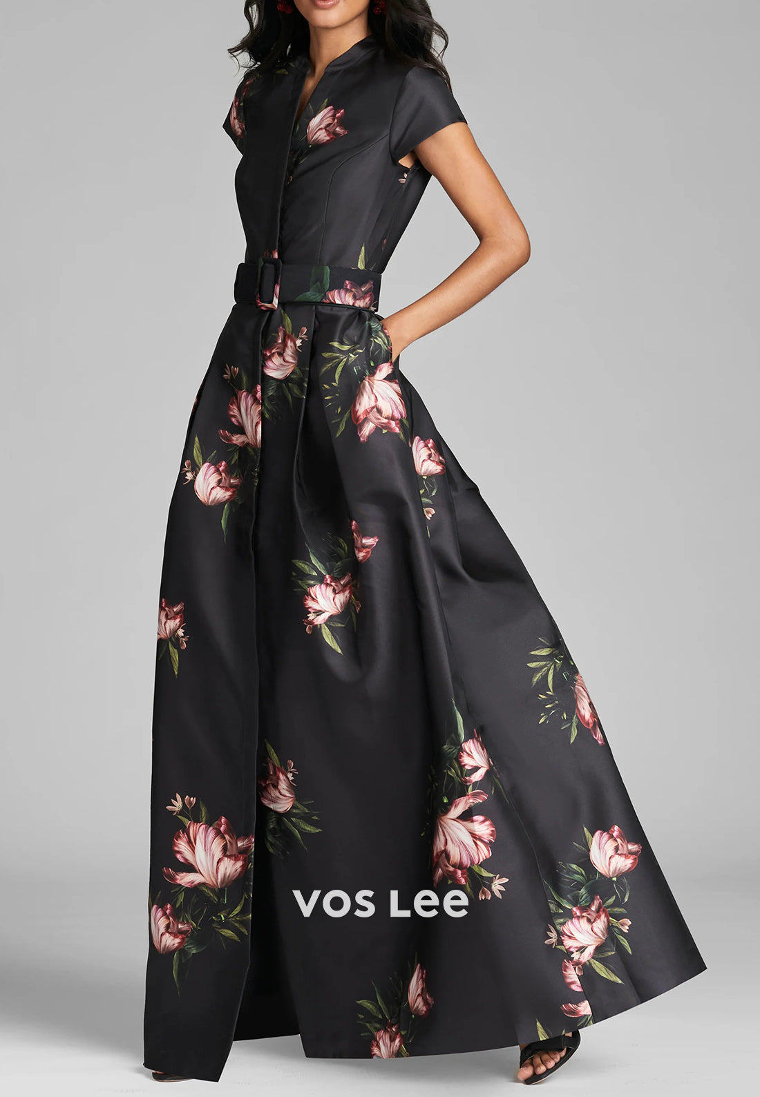 A-Line Short Sleeve V Neck Floral Embellished Mother of Bride Dresses with Pockets