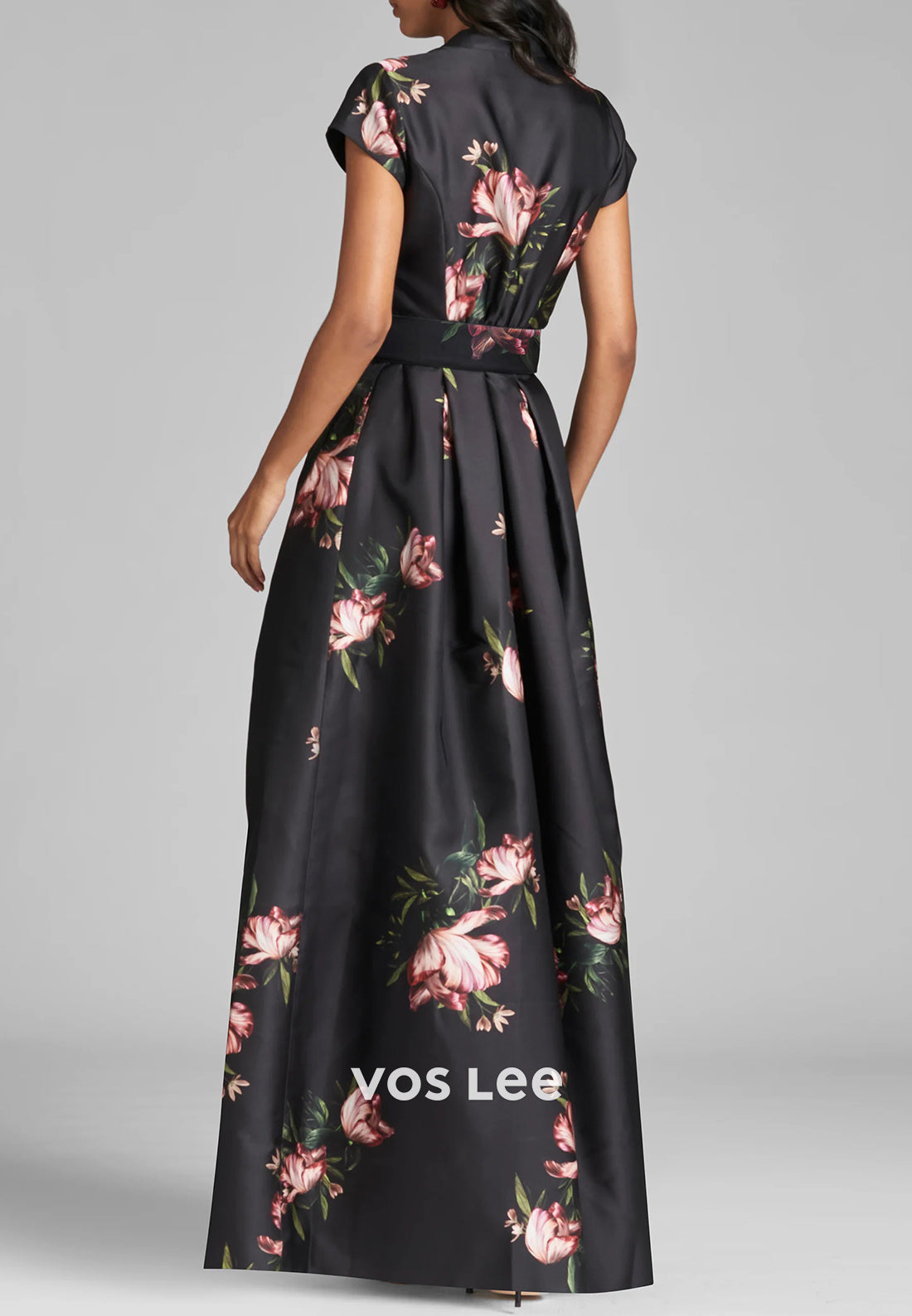 A-Line Short Sleeve V Neck Floral Embellished Mother of Bride Dresses with Pockets