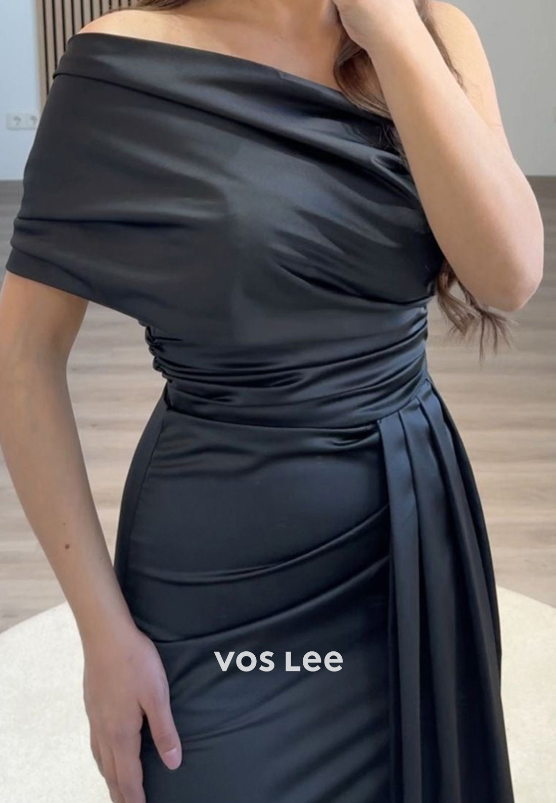 Formal Solid Black One Shoulder Ruched Sheath Satin Evening Party Dress