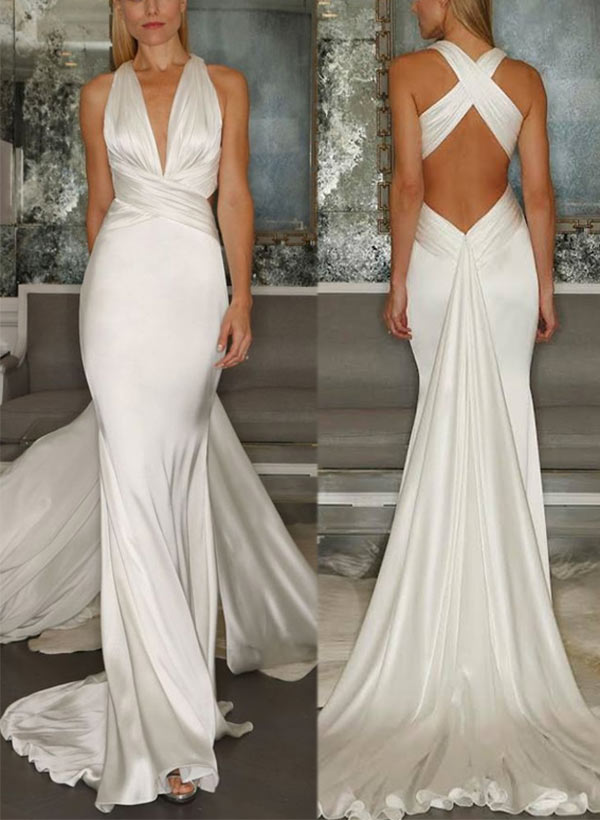V-Neck Floor-length Crass Black Wedding Dress