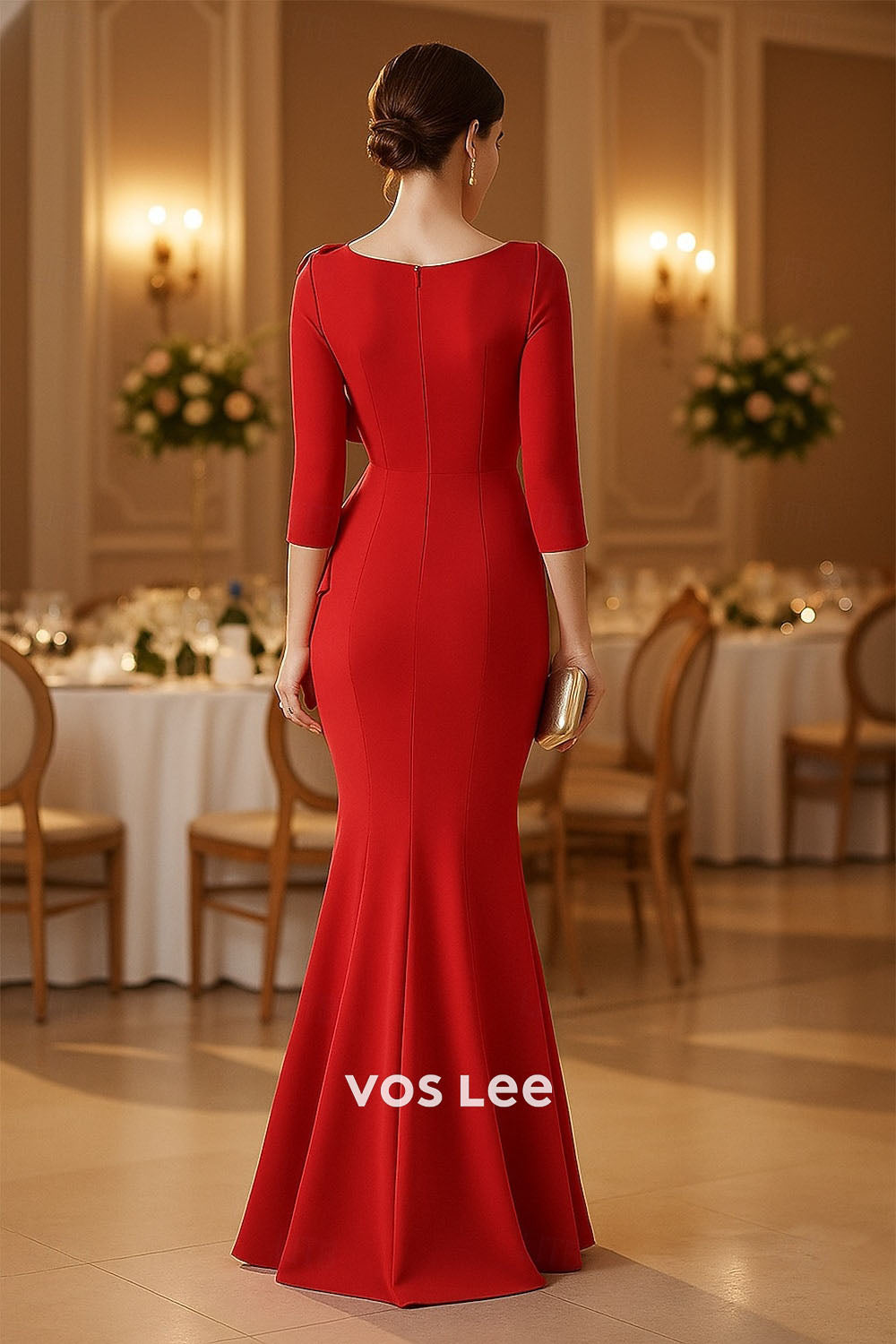 Red 3/4 Sleeve Mermaid Gown – Asymmetric Ruffle Formal Dress with Bow Detail