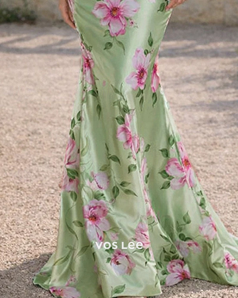Floral Short Sleeve V Neck Mermaid Floor Length Evening Gown with Floral Print