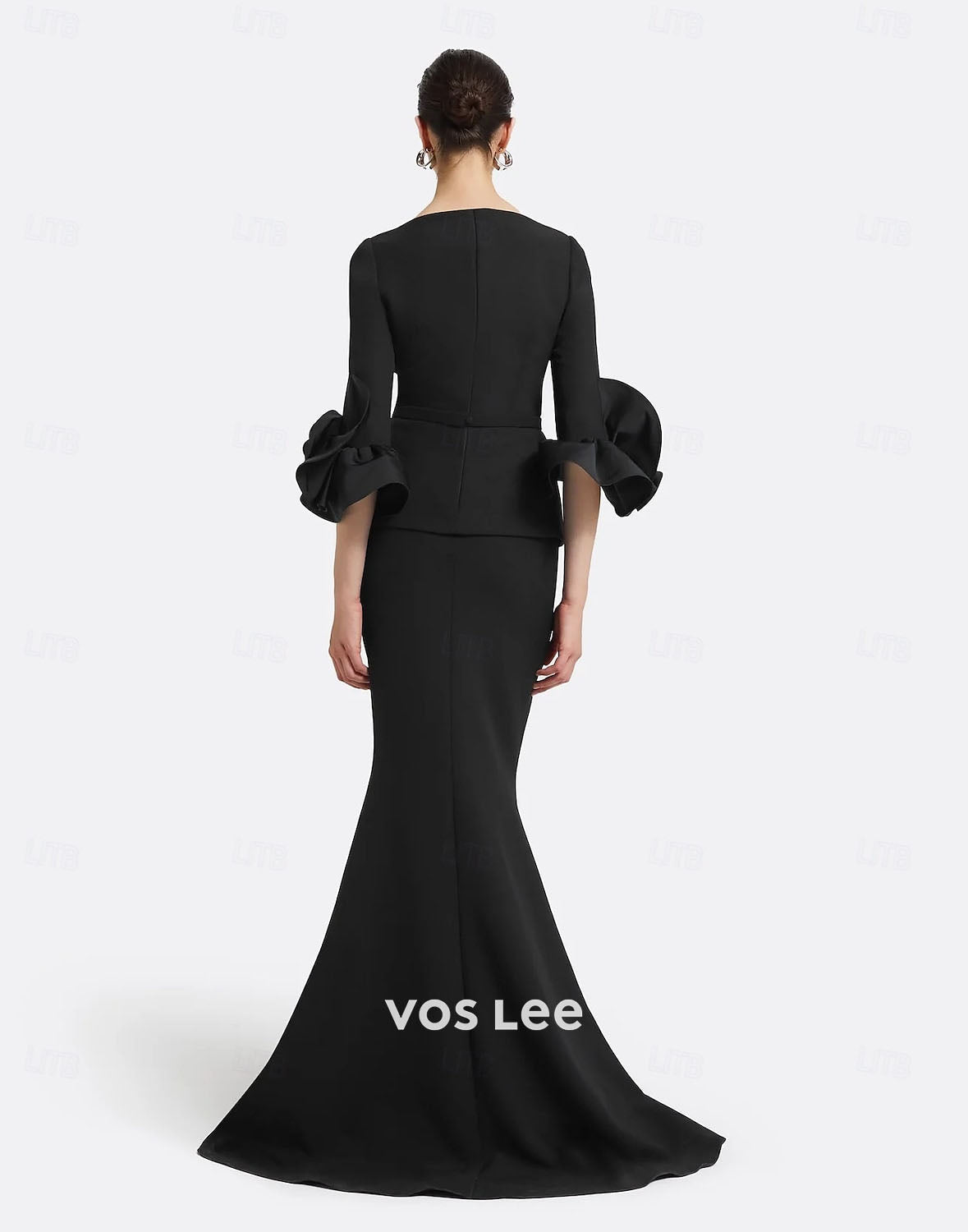 Black 3/4 Sleeve Mermaid Gown – V-Neck Formal Dress with Ruffled Cuffs