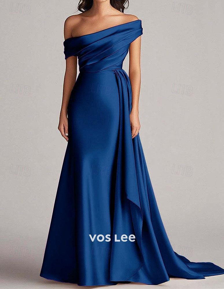Off-the-Shoulder Mermaid Gown – Satin Formal Dress with Draped Sash & Train
