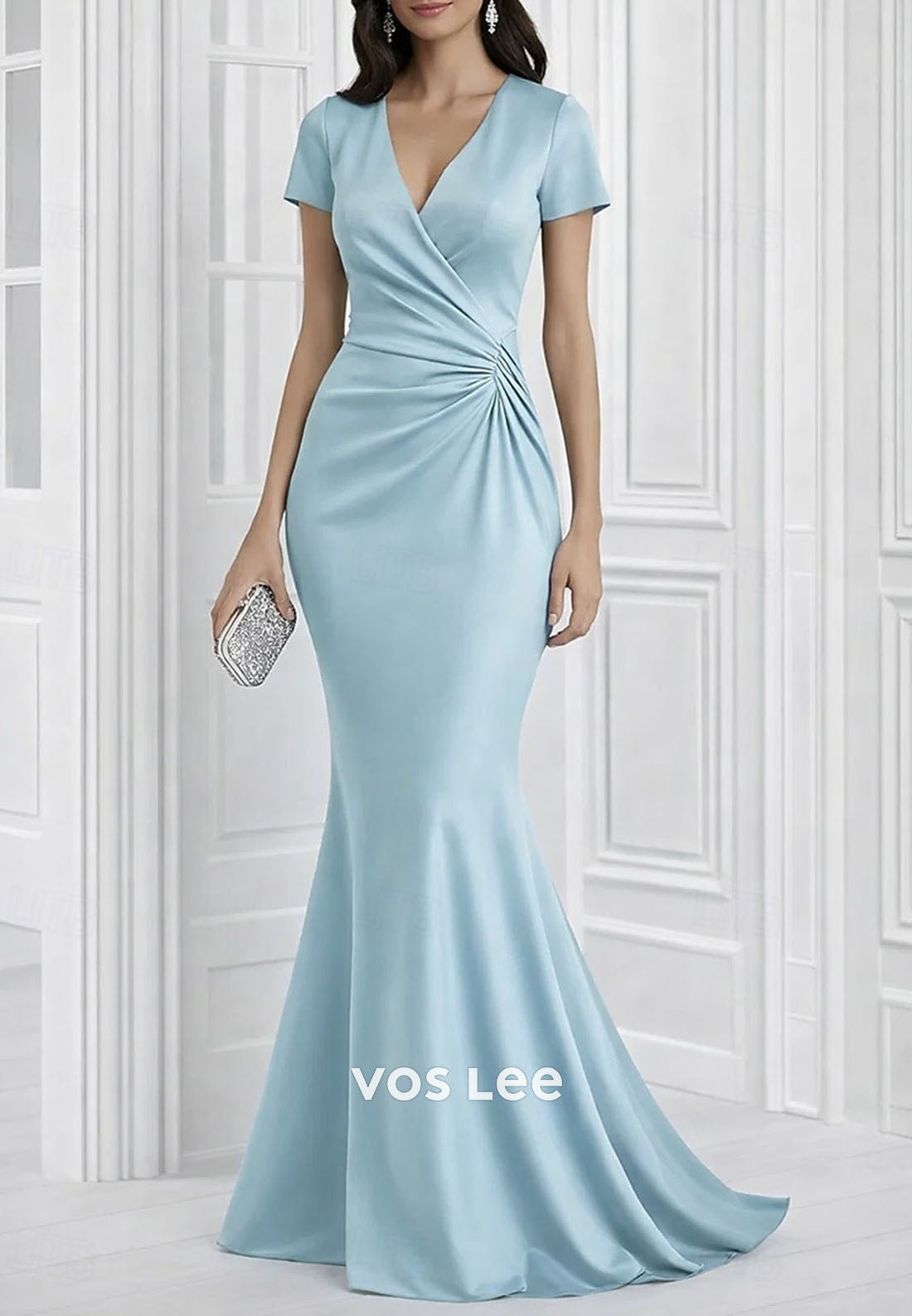 Elegant Short Sleeve V Neck Mermaid Wedding Formal Dress Satin with Ruched