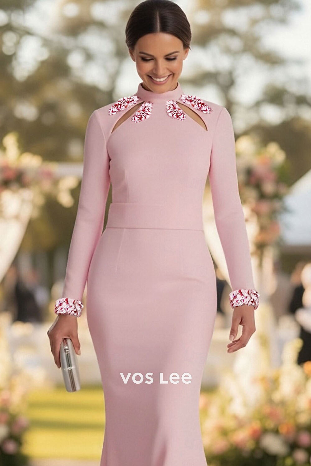 Pink Mermaid Mother of the Bride Dress with Beaded Cutouts | Long Sleeve Formal Wedding Gown