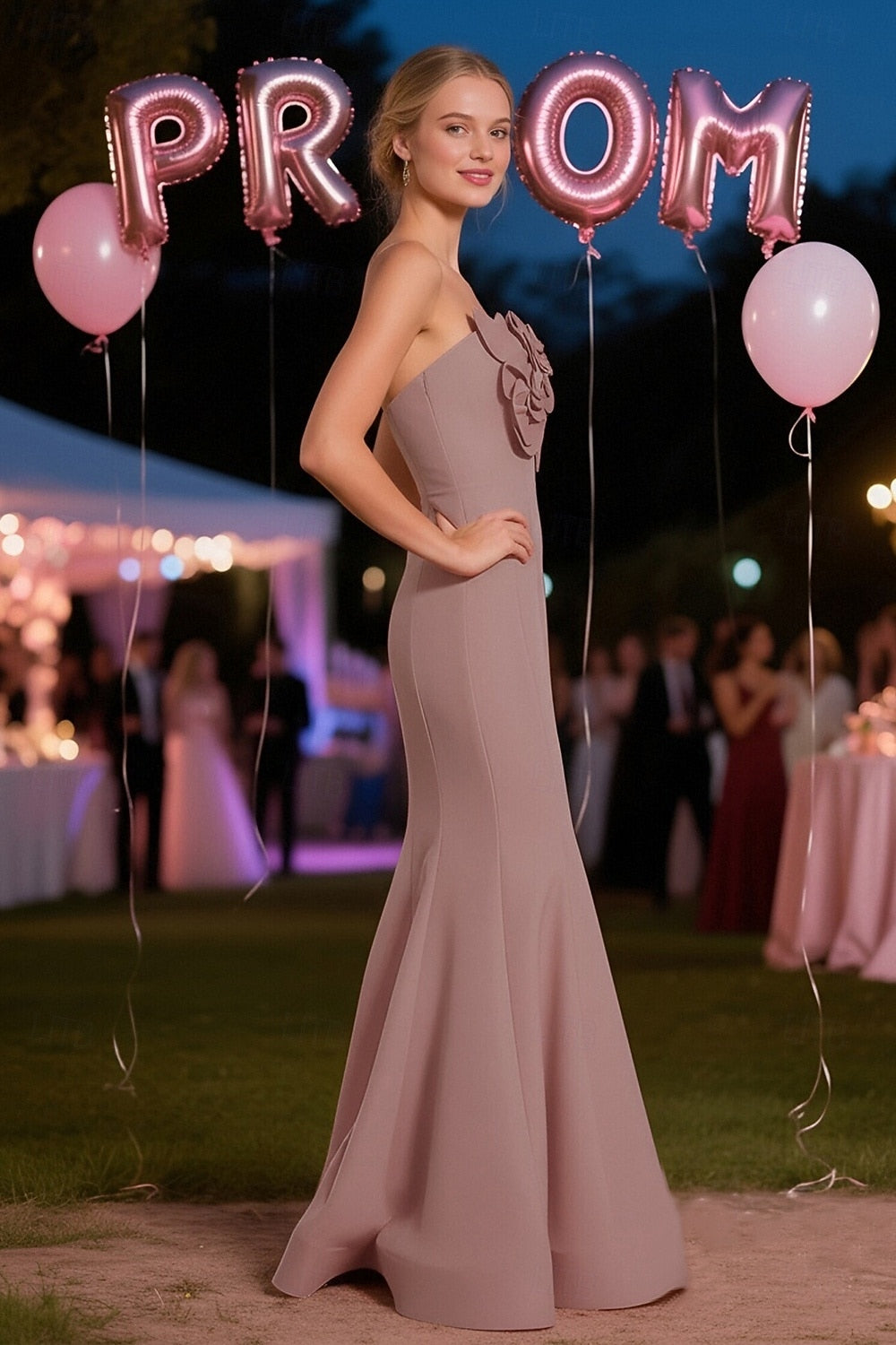 Blush Pink Strapless Mermaid Prom Dress | Floor-Length Formal Gown with Floral Appliques