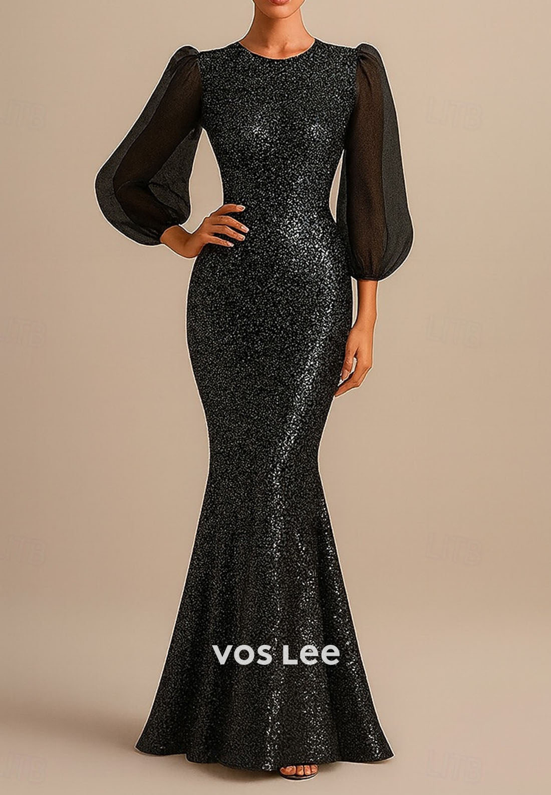 Sequined with Glitter Mermaid Floor Length Evening Gown With Sheer Long Sleeve