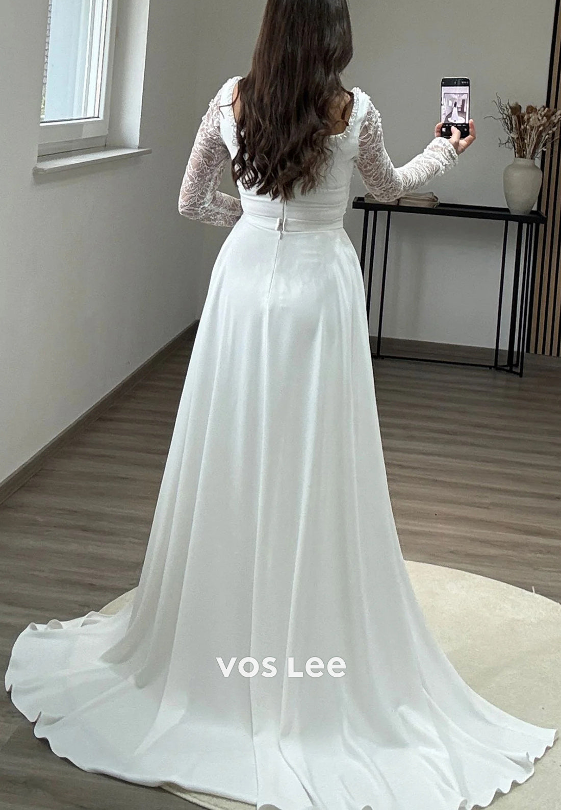 Long Sleeve Lace Rhinestone Square Pleated Mermaid Evening Dresses with Court Train