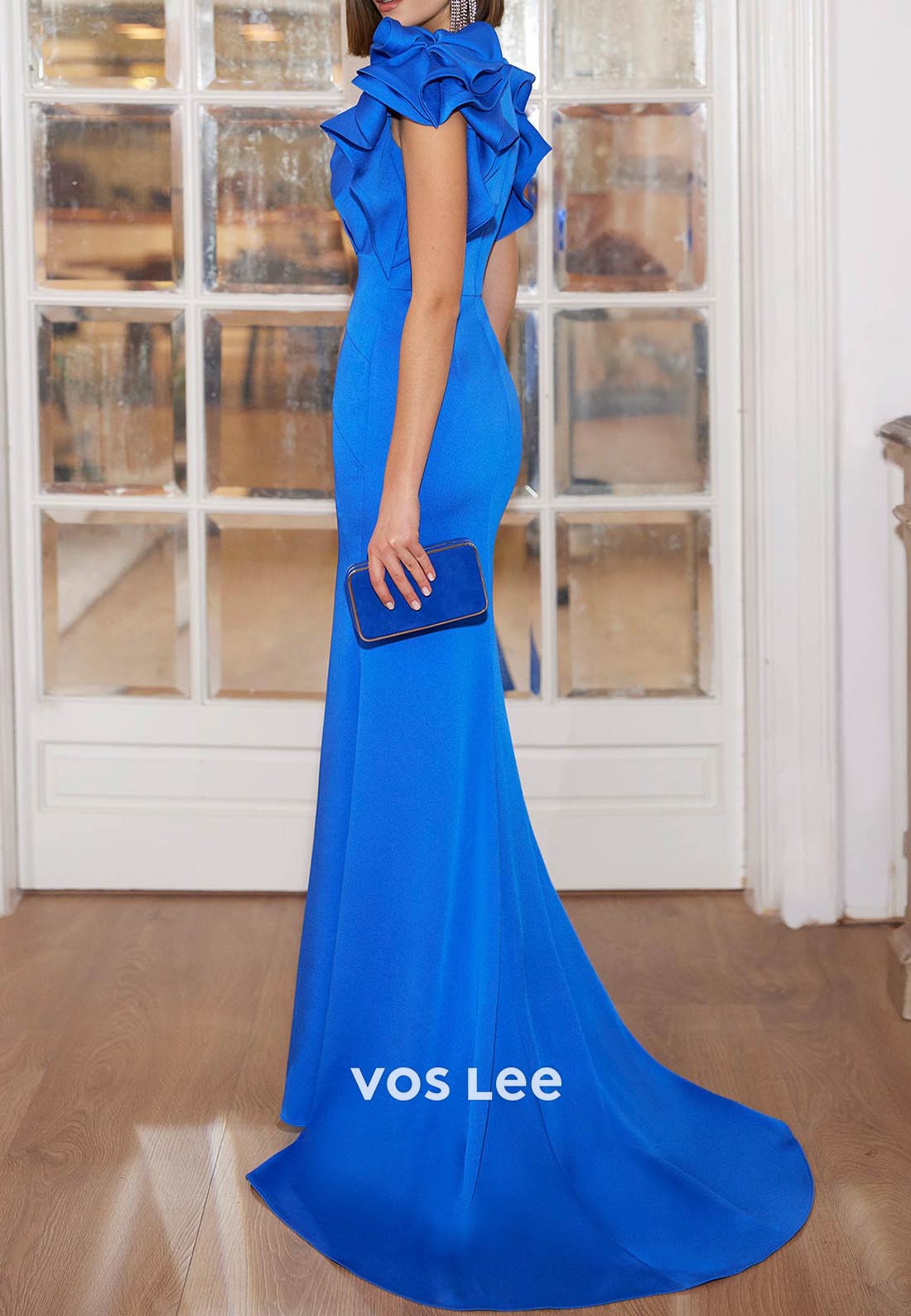 V Neck Short Sleeve Pleated Mermaid Mother of Bride Dresses Evening Dresses