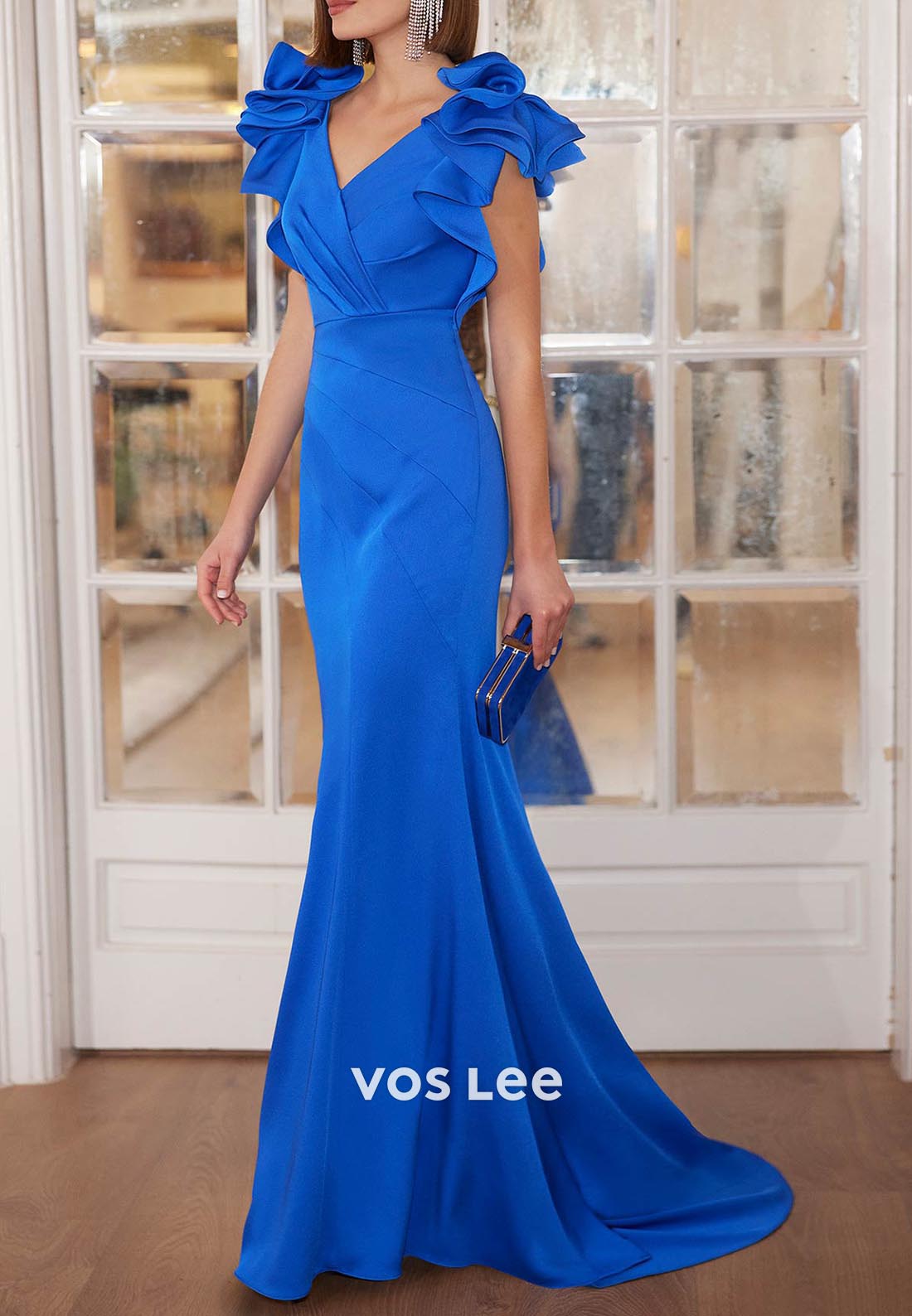 V Neck Short Sleeve Pleated Mermaid Mother of Bride Dresses Evening Dresses