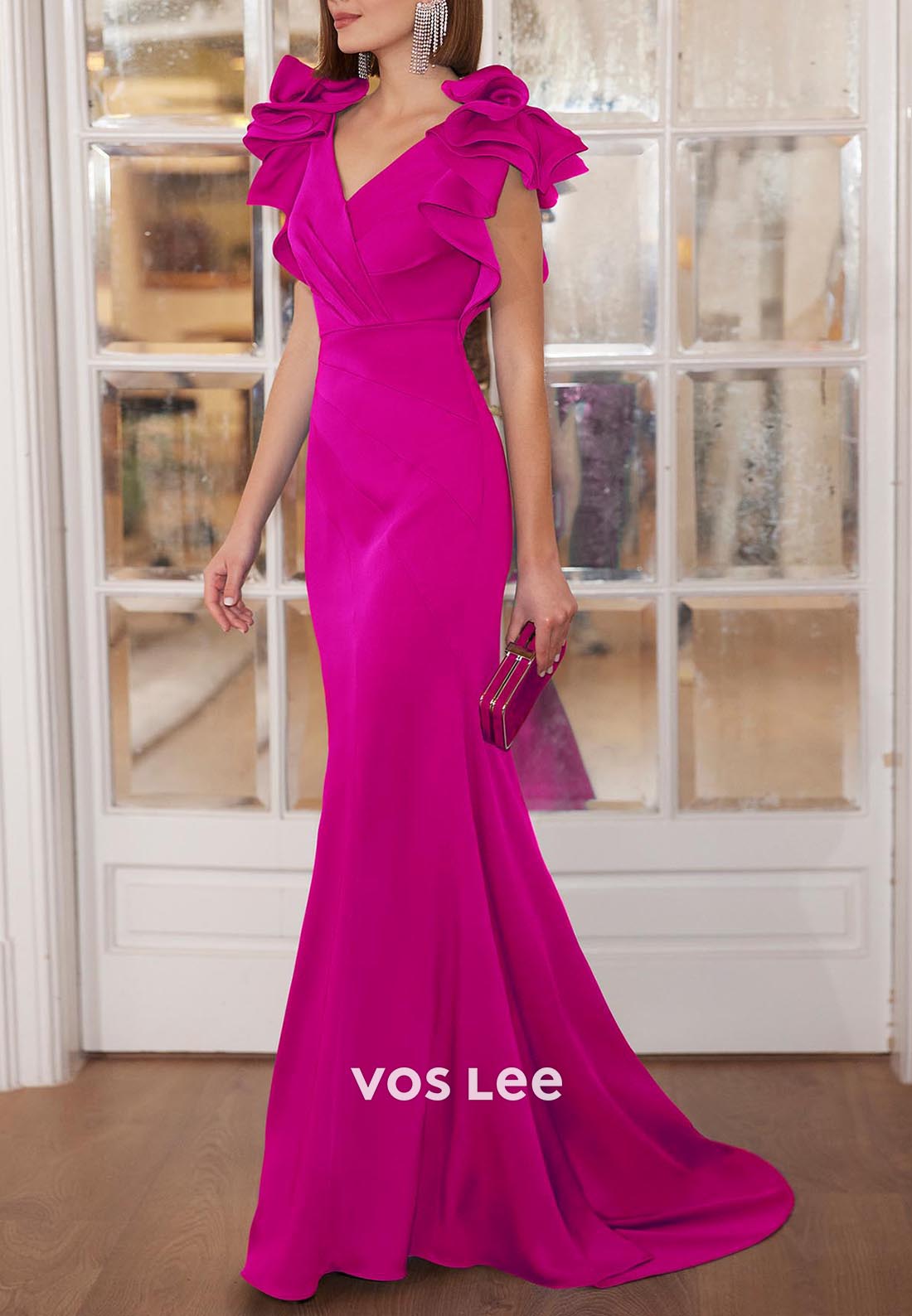 V Neck Short Sleeve Pleated Mermaid Mother of Bride Dresses Evening Dresses