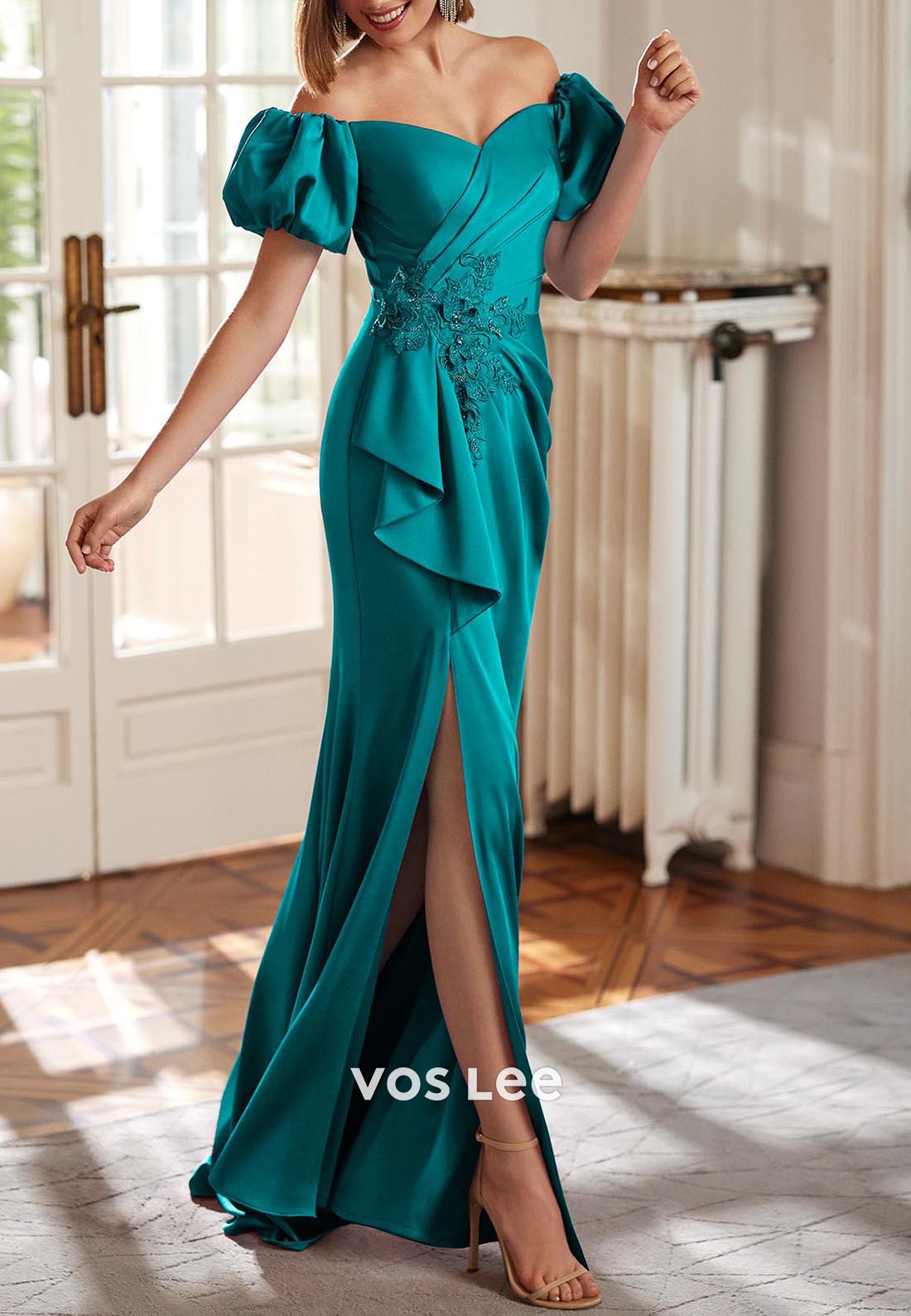 Short Sleeve Sweetheart Appliqued Mermaid Mother of Bride Dresses with Sweep Train
