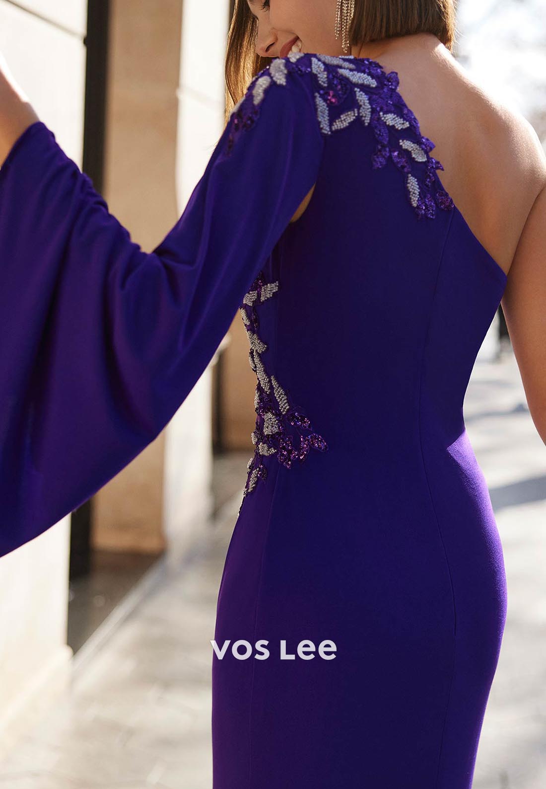 Long Sleeve One Shoulder Beaded Embellished Mermaid Mother of Bride Dresses with Train