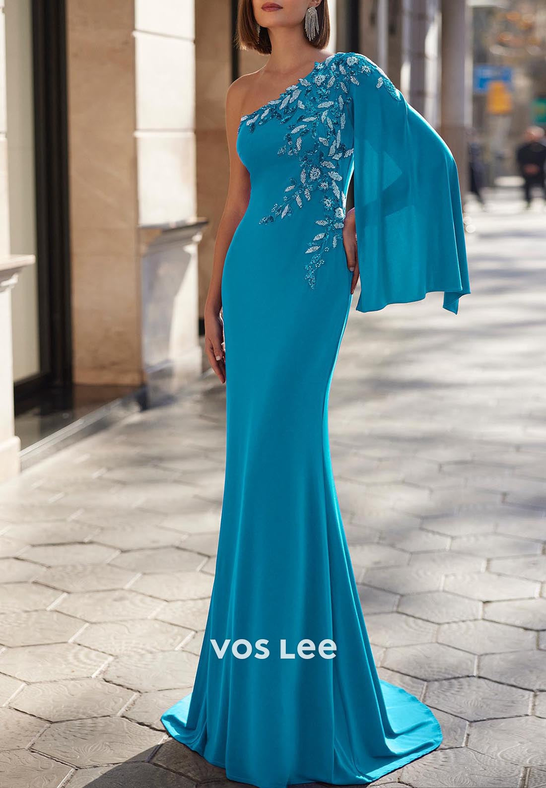 Long Sleeve One Shoulder Beaded Embellished Mermaid Mother of Bride Dresses with Train