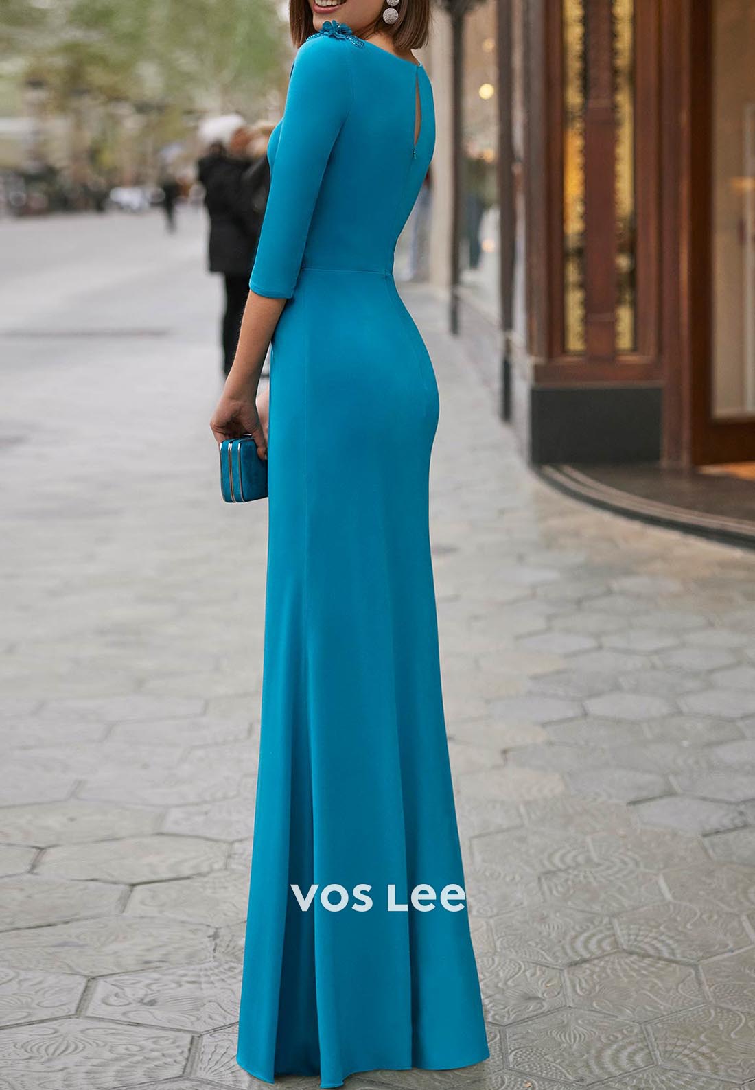 Blue Jay 3/4 Sleeve Pleated Sheath Floor-Length Mother of Bride Dresses with High Slit