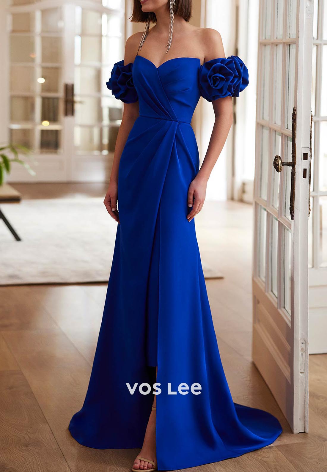 Short Sleeve Sweetheart Pleated Sheath Floor-Length Mother of Bride Dresses with Slit
