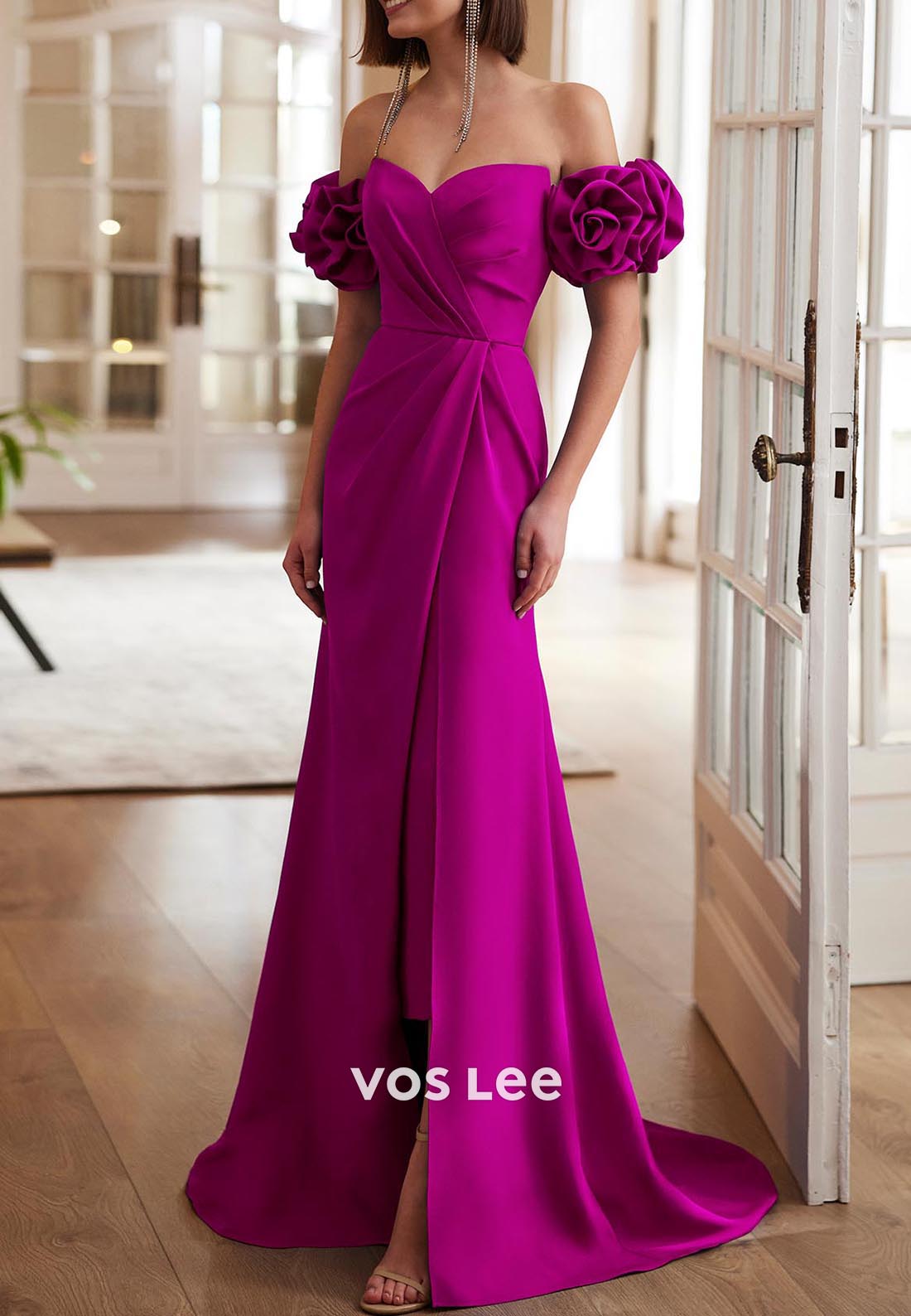 Short Sleeve Sweetheart Pleated Sheath Floor-Length Mother of Bride Dresses with Slit