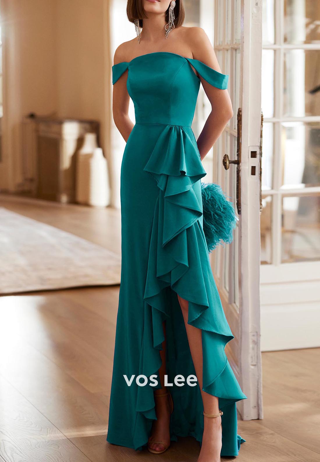 A-Line Off the Shoulder Floor-Length Ruched Mother of Bride Dresses with High Split