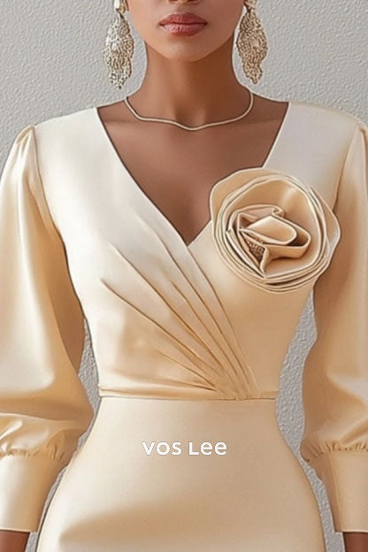 Mother of th Bride Dress Champagne V Neck 3D Floral Knee-Length Dress