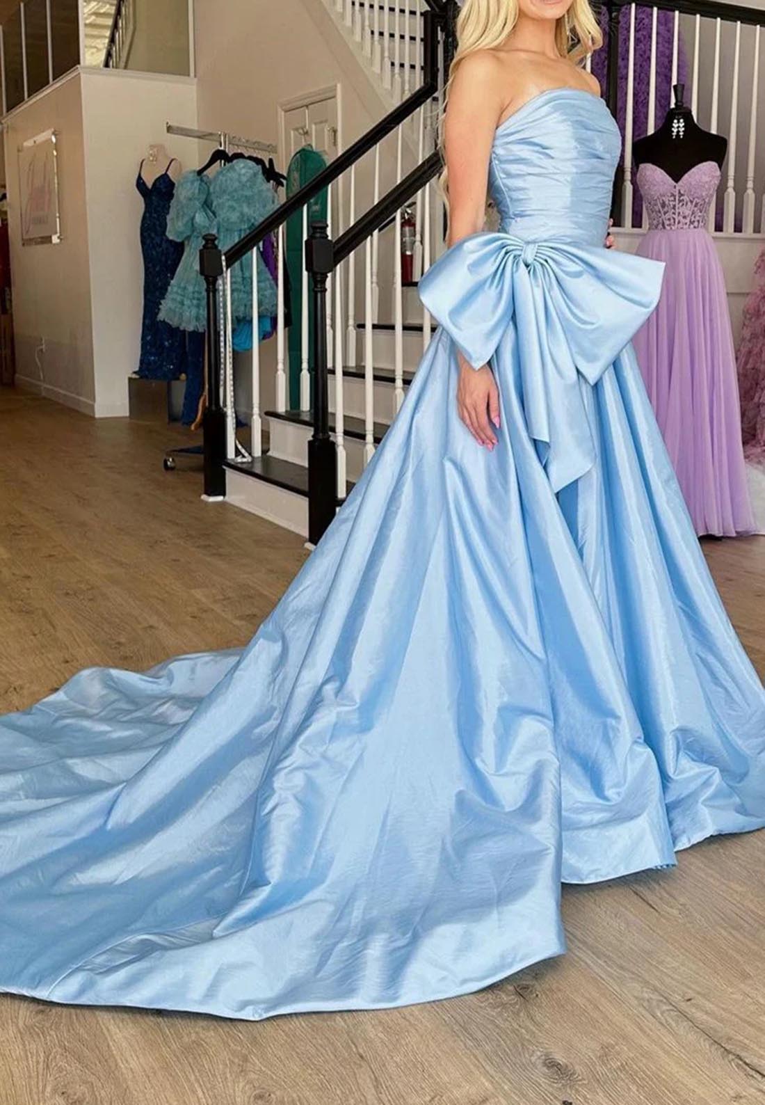 A line Strapless Pleats Cute Bow Long Prom Dress with Slit