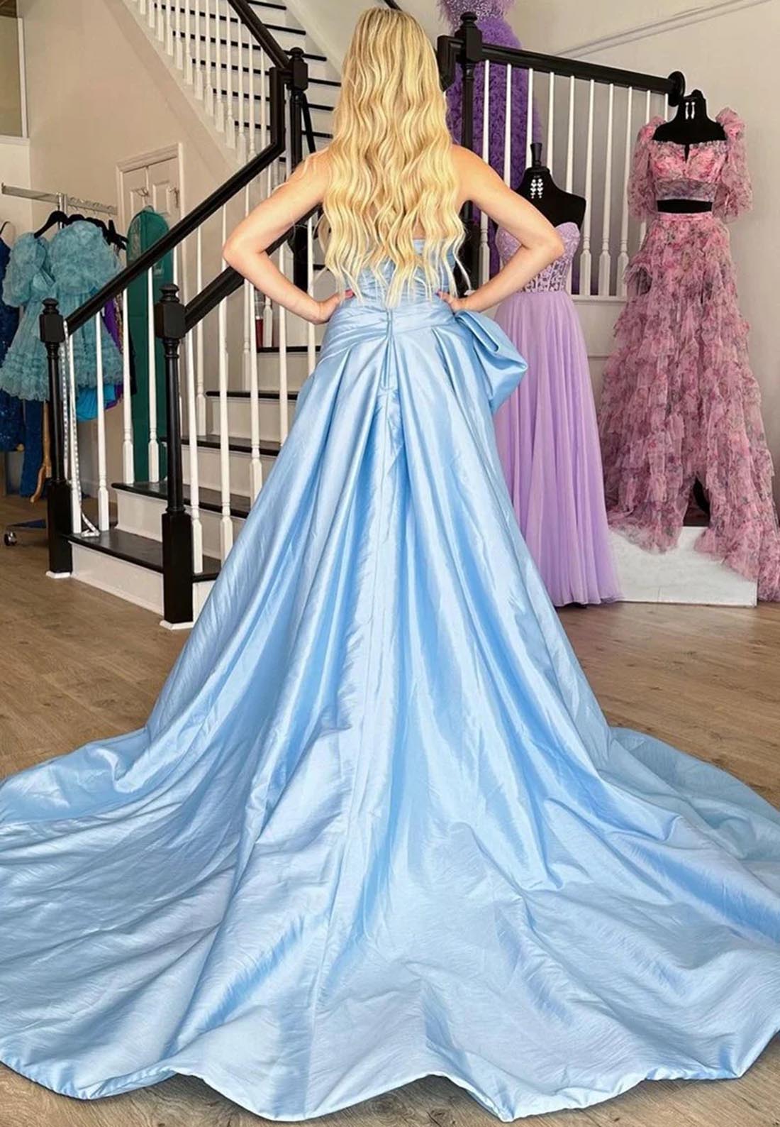 A line Strapless Pleats Cute Bow Long Prom Dress with Slit