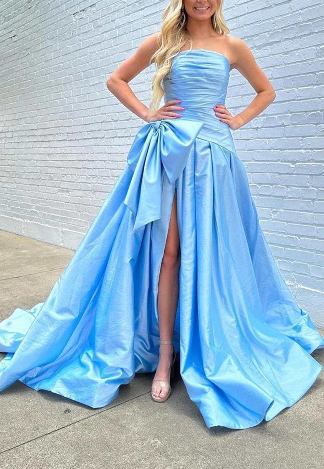 A line Strapless Pleats Cute Bow Long Prom Dress with Slit