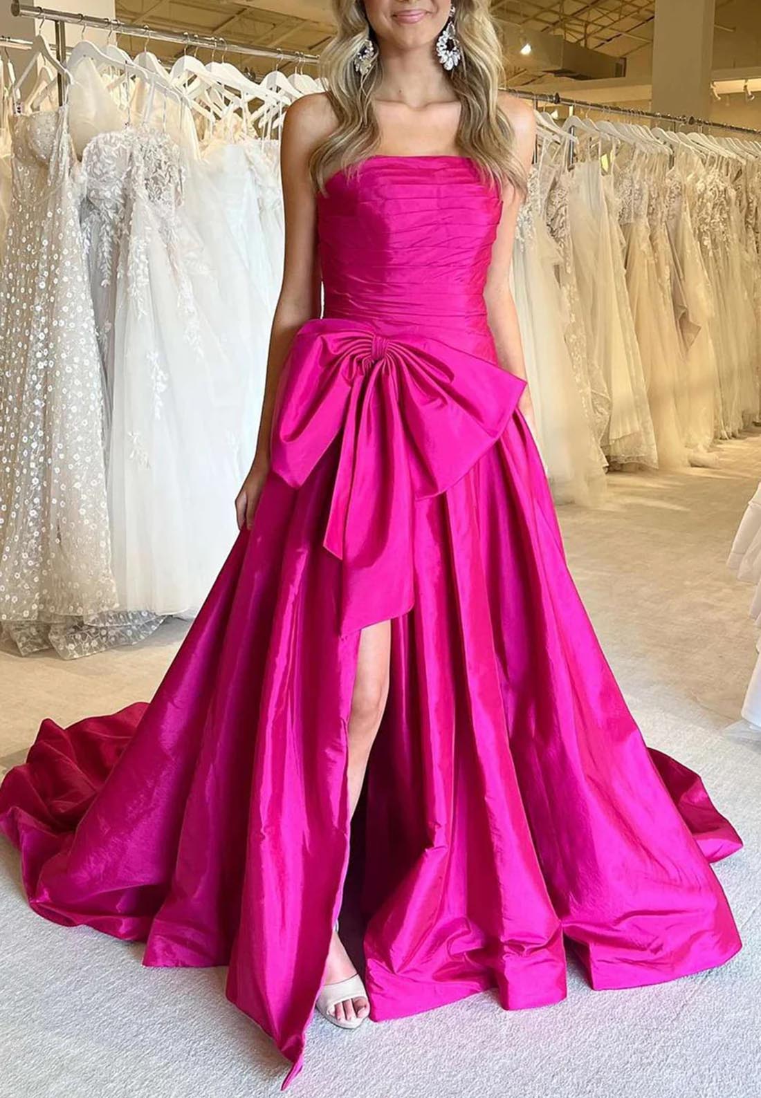 A line Strapless Pleats Cute Bow Long Prom Dress with Slit
