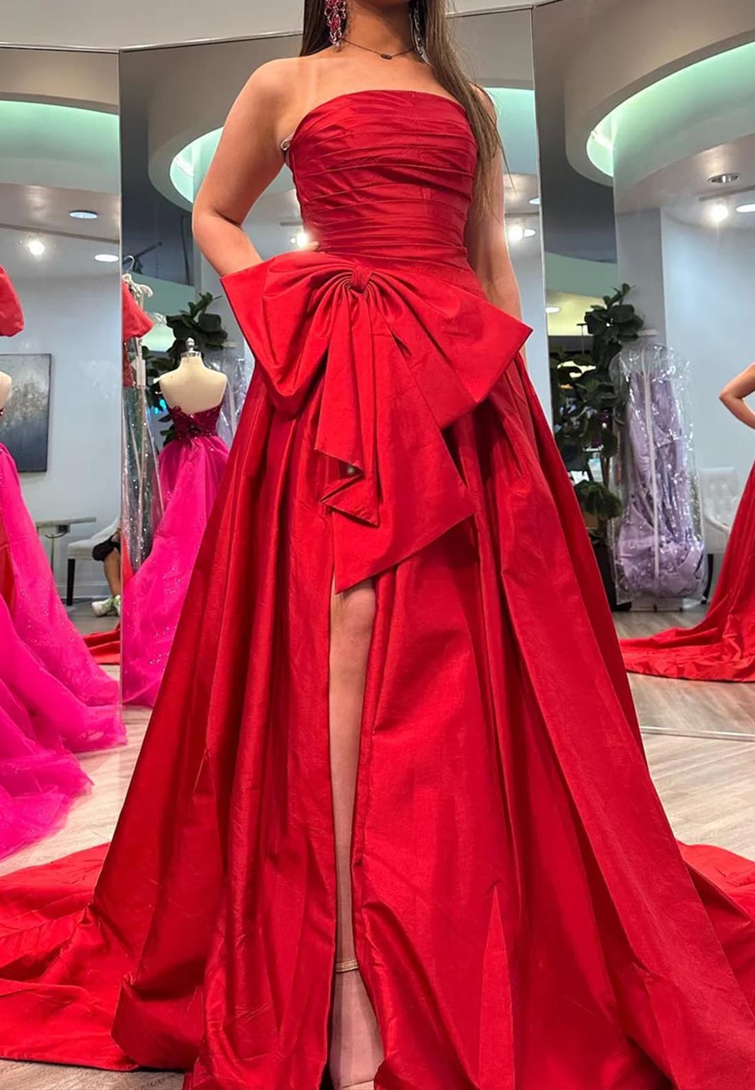 A line Strapless Pleats Cute Bow Long Prom Dress with Slit
