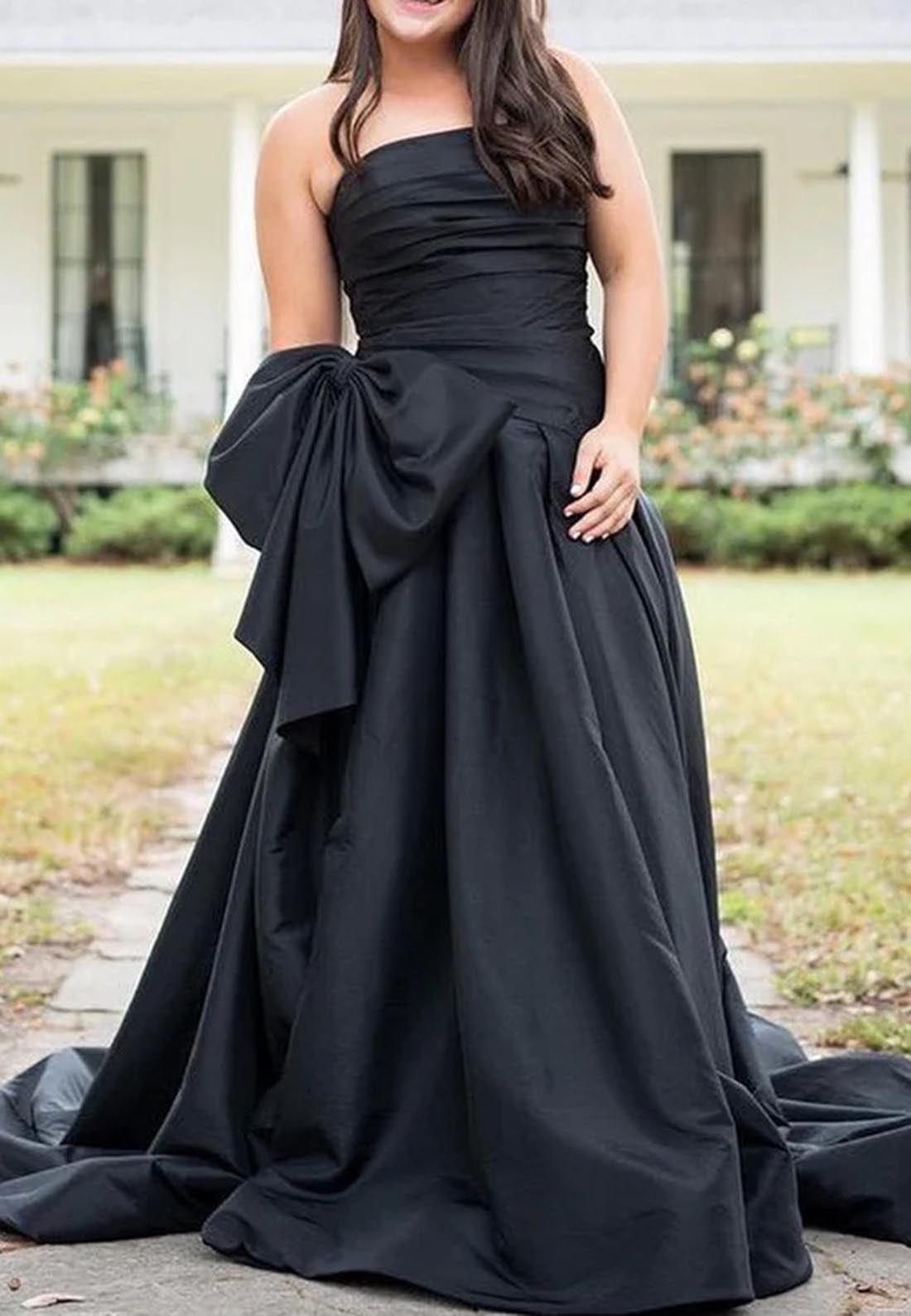 A line Strapless Pleats Cute Bow Long Prom Dress with Slit