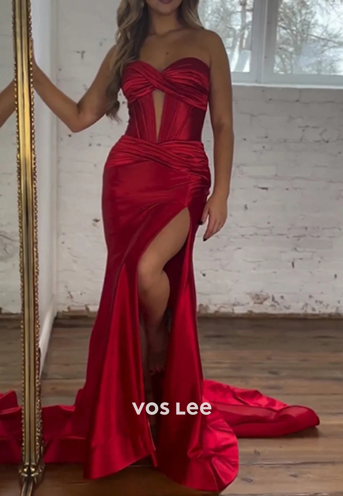 Sexy Strapless Ruched Sweetheart Side Split Mermaid Prom Dresses with Sweep Train