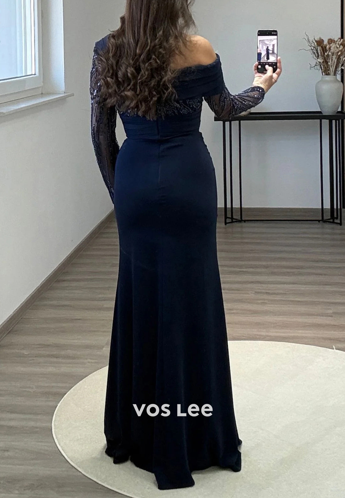 Long Sleeves Beaded Sequins One Shoulder Floor-Length Mermaid Evening Dresses