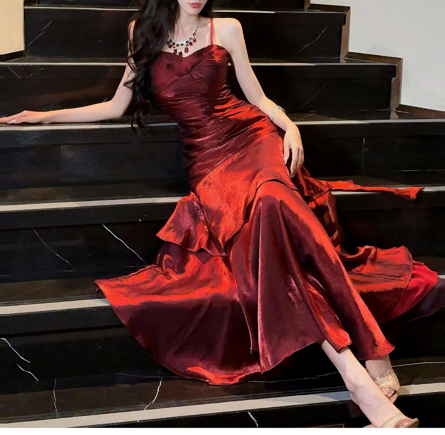 Modest Mermaid Spaghetti Straps Ruffles Long Prom Dresses