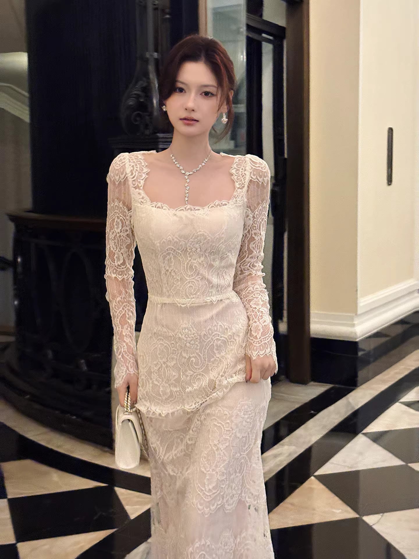 Square Neck Lace Long Sleeves Ankle Length Prom Dresses