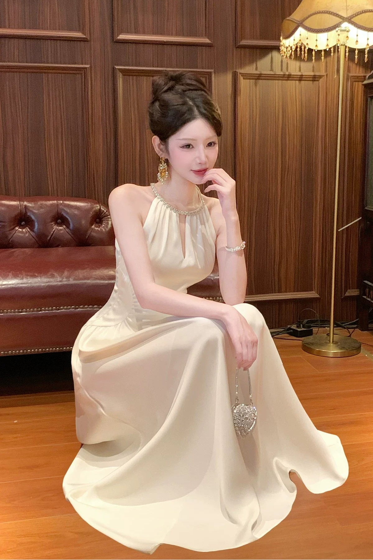 A Line Jewel Neck White Satin Ankle Length Prom Dresses Wedding Guest Dress