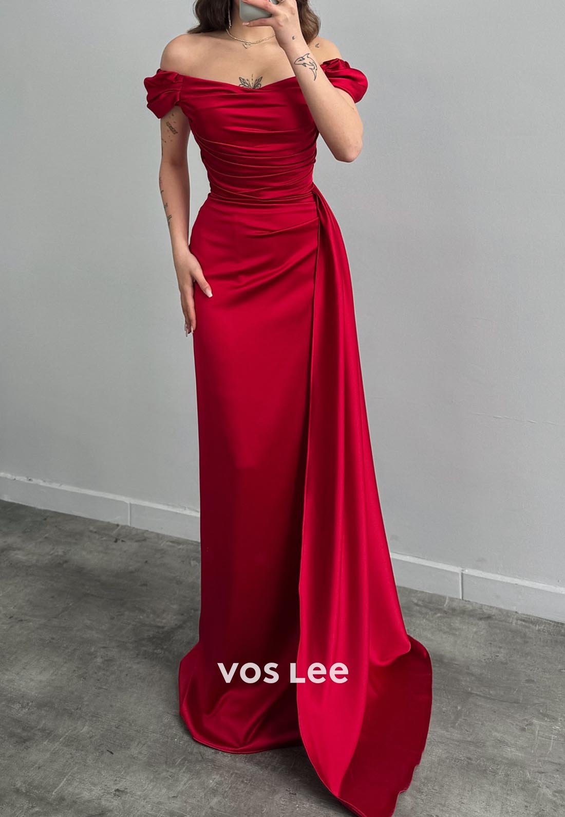 Sleek Off Shoulder Pleated Mermaid Evening Dress Prom Dresses with Sweep Train