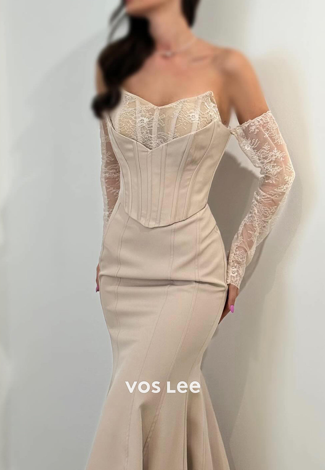 Elegant Long Sleevees V Neck Pleated Mermaid Evening Dresses with Sweep Train