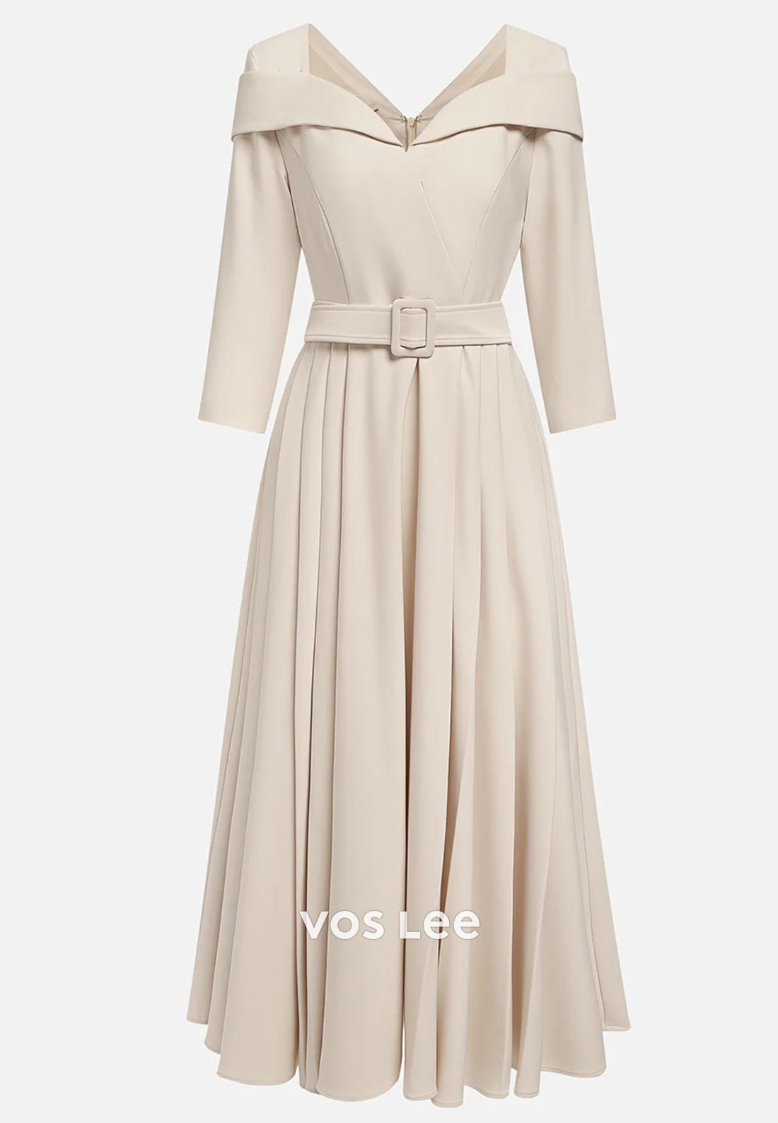 V Neck 3/4 Sleeve Ankle-Length Pleated Wedding Guest Dresses Party Dresses