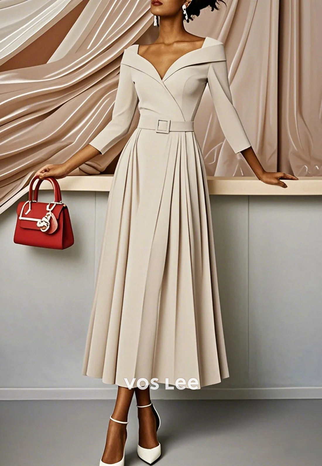 V Neck 3/4 Sleeve Ankle-Length Pleated Wedding Guest Dresses Party Dresses