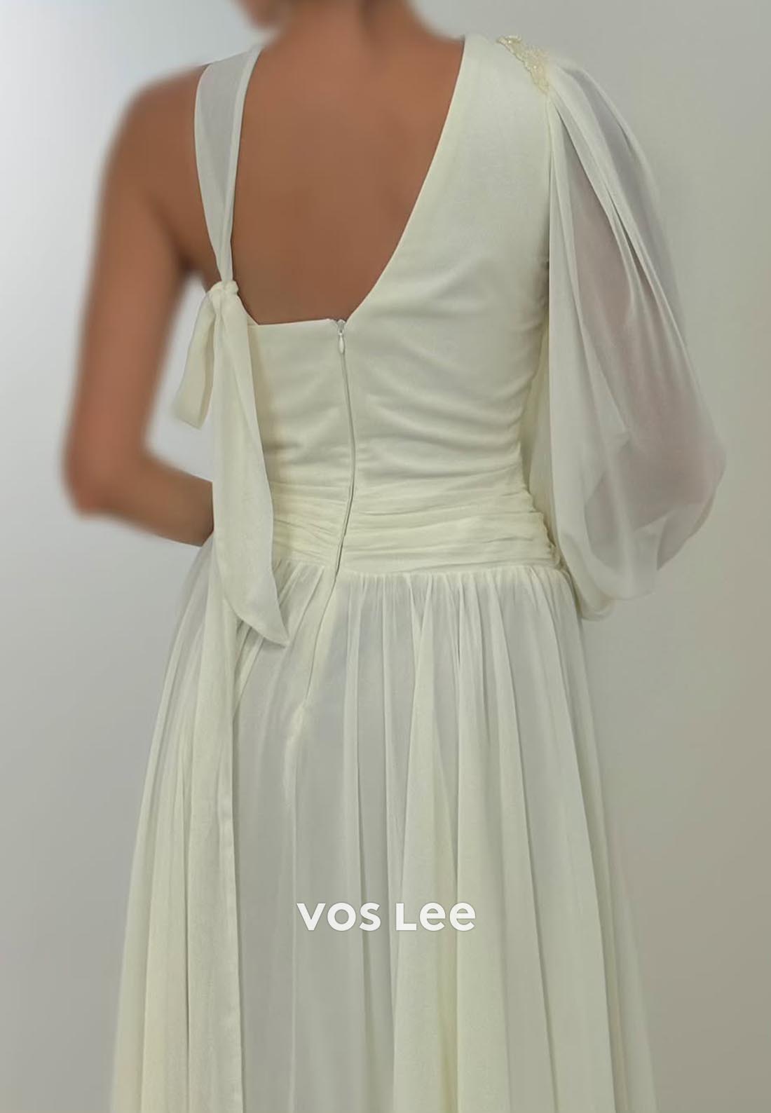 A-Line Long Sleeves One Shoulder Pleated Floral Embossed Evening Dress