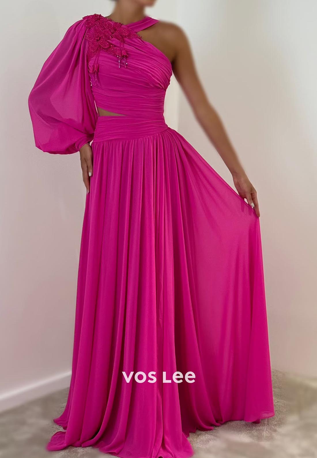A-Line Long Sleeves One Shoulder Pleated Floral Embossed Evening Dress