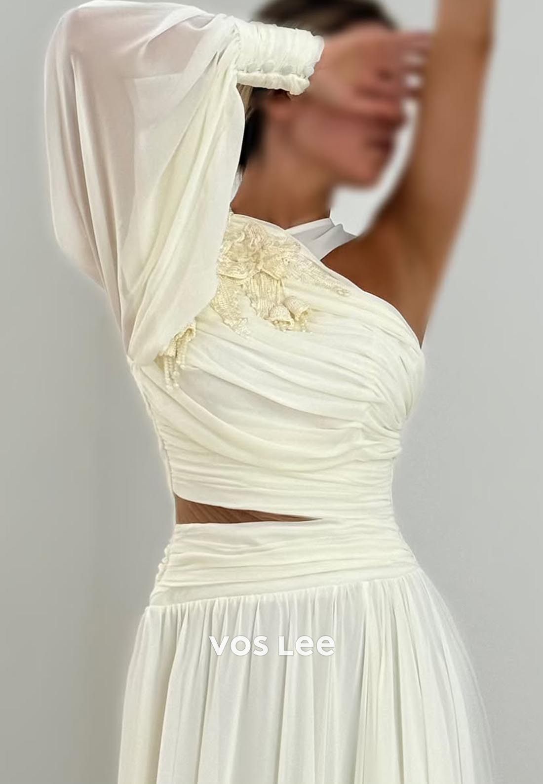 A-Line Long Sleeves One Shoulder Pleated Floral Embossed Evening Dress